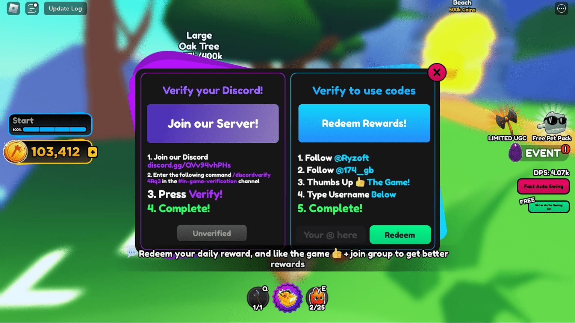 Redeem codes in Lumber Legends Simulator easily (Image via Roblox)