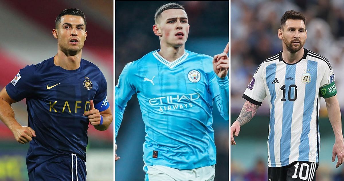 Cristiano Ronaldo, Phil Foden and Lionel Messi (from left to right)