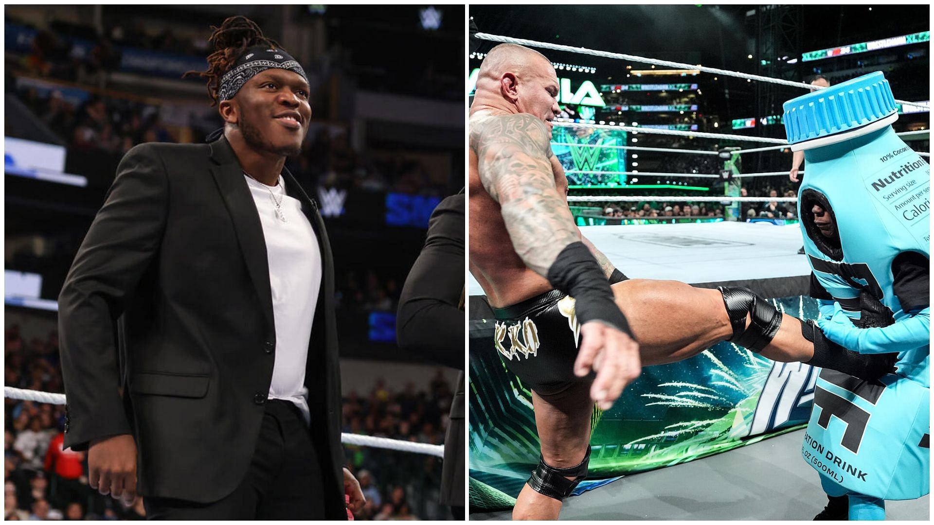 KSI (left), and Randy Orton kicking IShowSpeed at WWE WrestleMania (right).