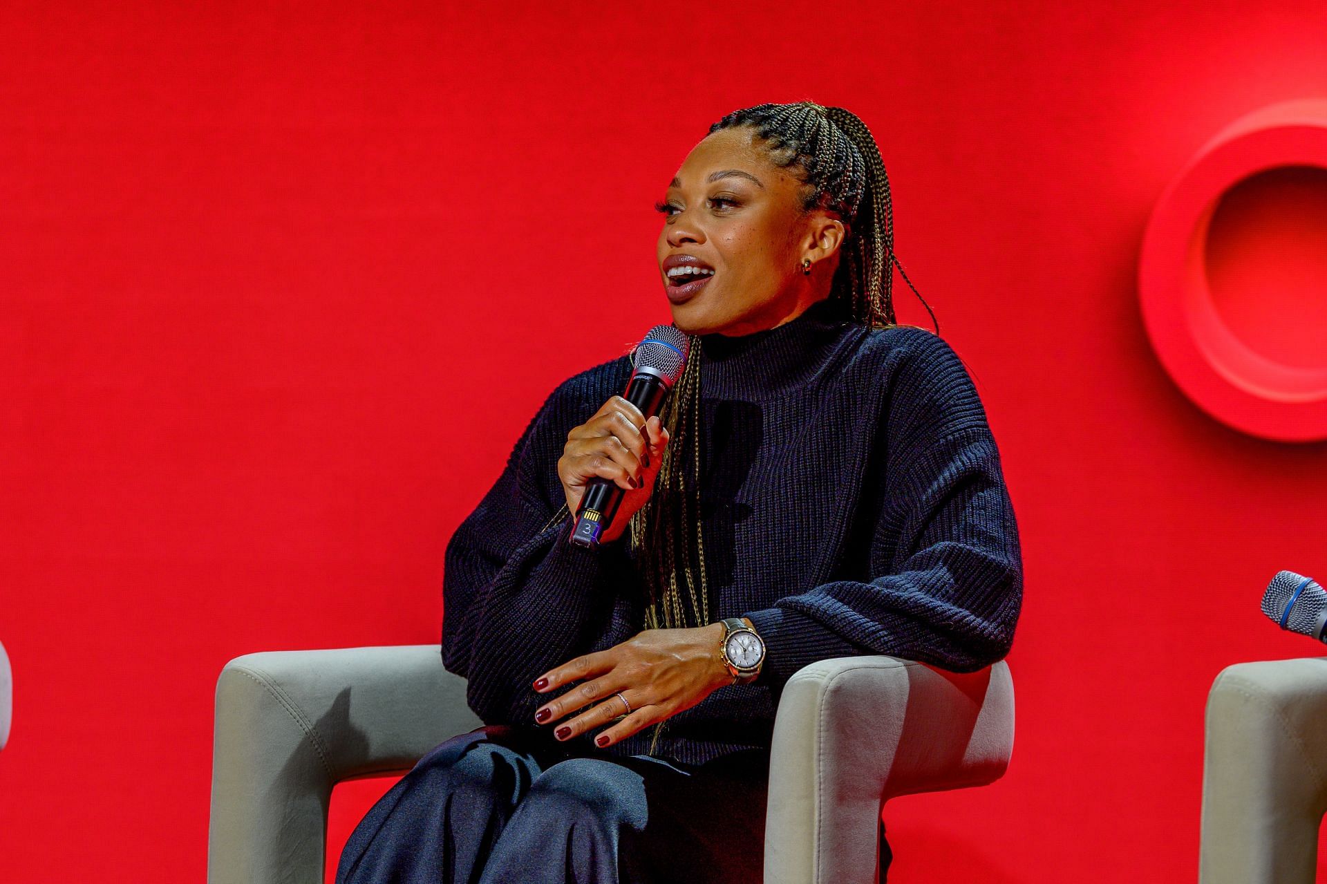 OMEGA Panel Discussion With Olympic Ambassadors Allyson Felix, Noah Lyles, Oksana Masters and Nathan Chen At The Planet Omega Exhibition Launch