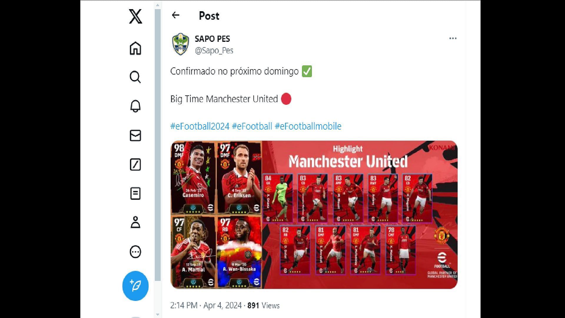 According to reliable leaker @Sapo_Pes, A Big Time Manchester United pack will arrive soon in eFootball (Image via @Sapo_Pes)
