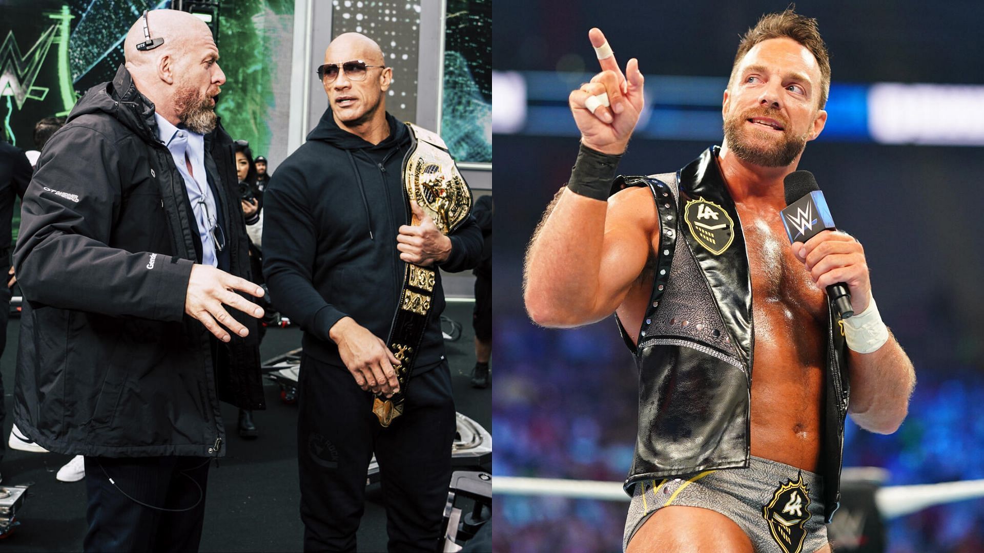From left to right: Paul &quot;Triple H&quot; Levesque, Dwayne &quot;The Rock&quot; Johnson and LA Knight (Credit: WWE)