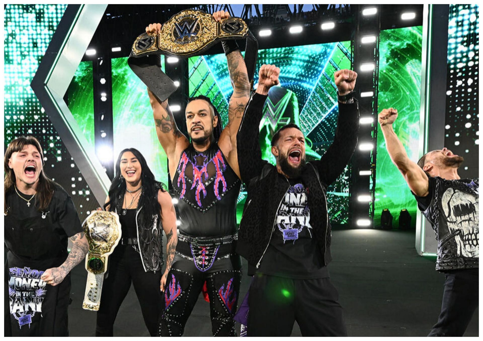 Judgment Day members celebrating Damian Priest becoming WWE World Heavyweight Champion at WrestleMania 40 (Photo credit: WWE.com)