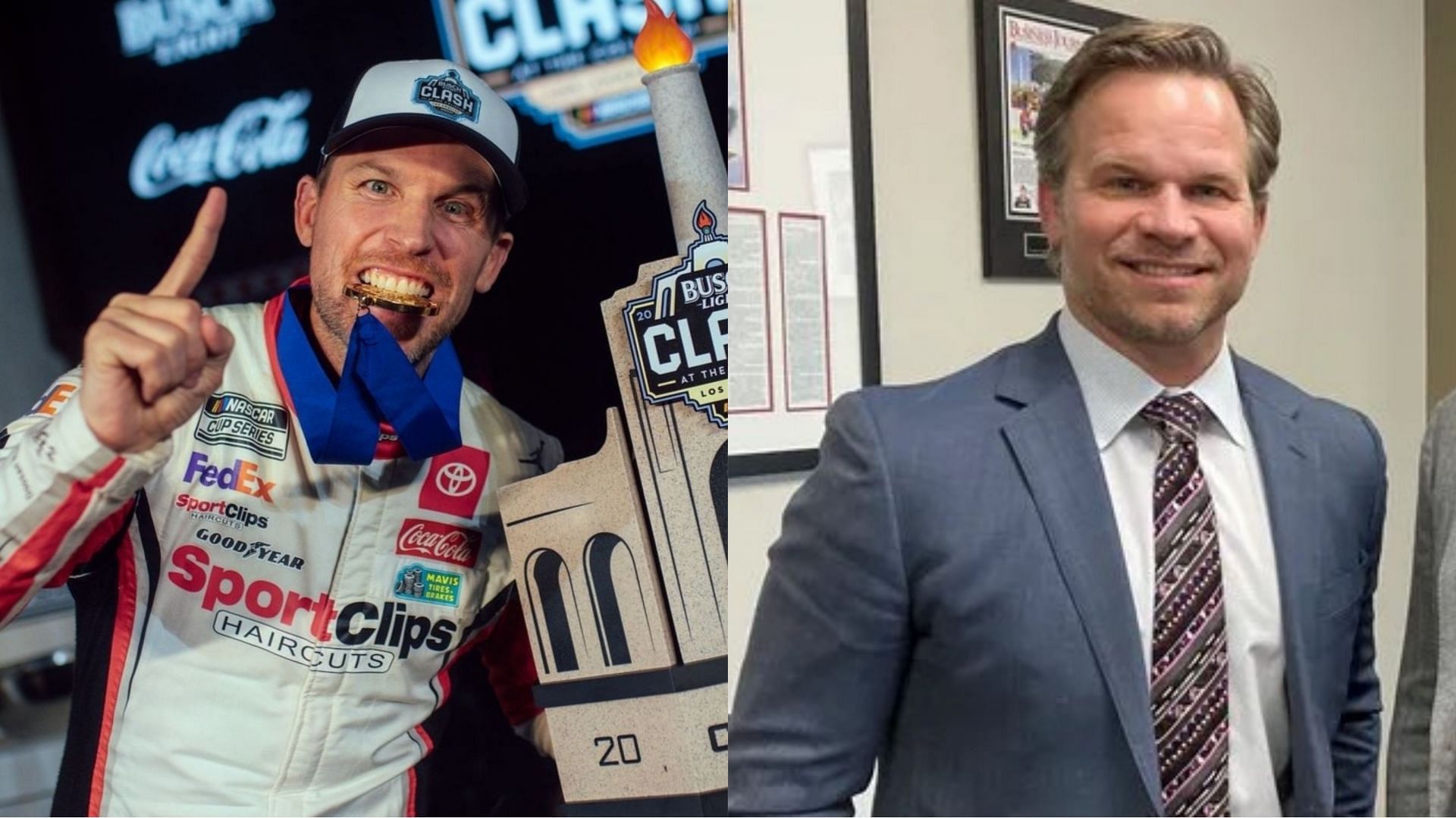 NASCAR driver Denny Hamlin on the left and Speedway Motorsports CEO Marcus Smith on the right (Image from X)