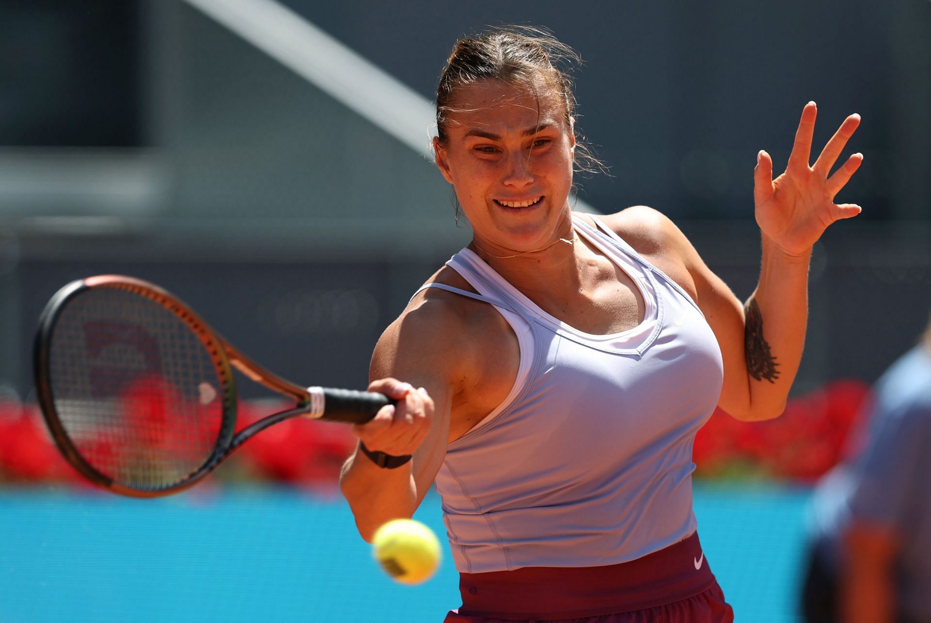 Aryna Sabalenka in action against Mirra Andreeva at the 2023 Madrid Open
