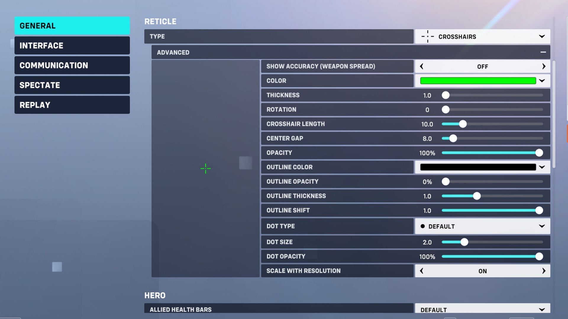 Here are the ideal crosshair settings for the average player. (Image via Blizzard Entertainment)