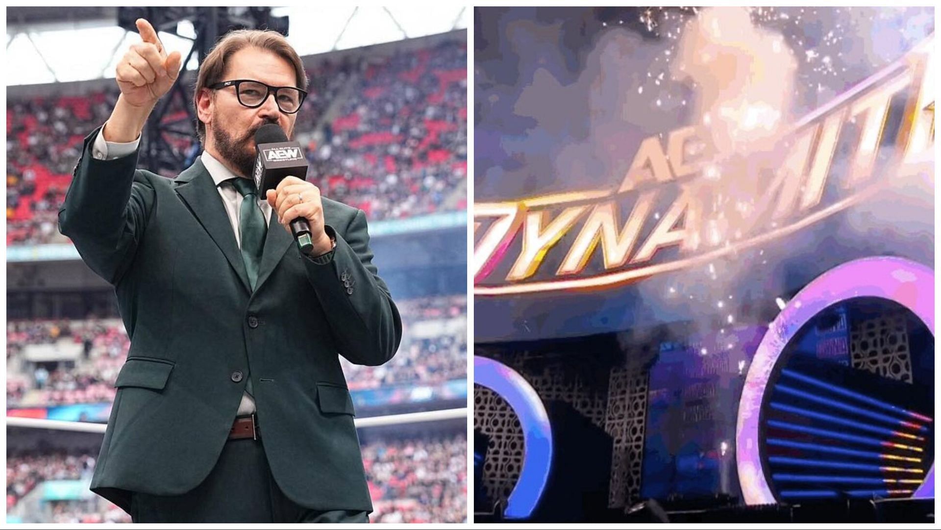 Tony Schiavone speaks at AEW All In 2023, the stage for AEW Dynamite