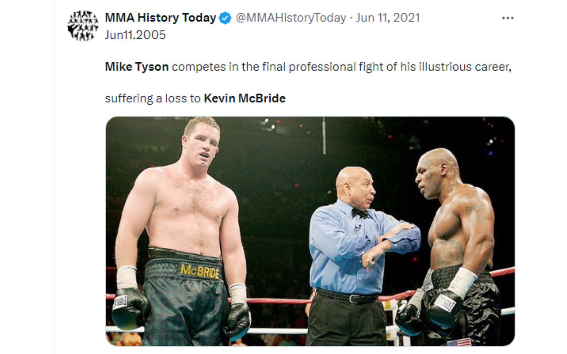 Tweet regarding Tyson vs. McBride [Image courtesy: @MMAHistoryToday - X]