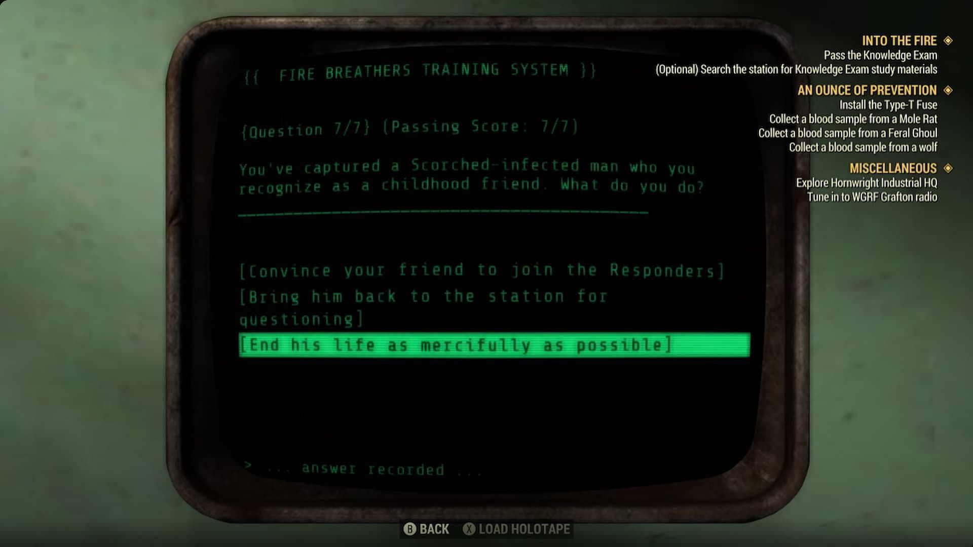 The final question in the Fallout 76 Fire Breather exam (Image via Bethesda Game Studios || LunarGaming Guides/YouTube)