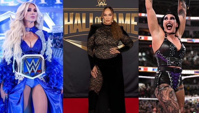 Rhea Ripley, Charlotte Flair, Nia Jax, and others pose with WWE veteran following Hall of Fame ceremony