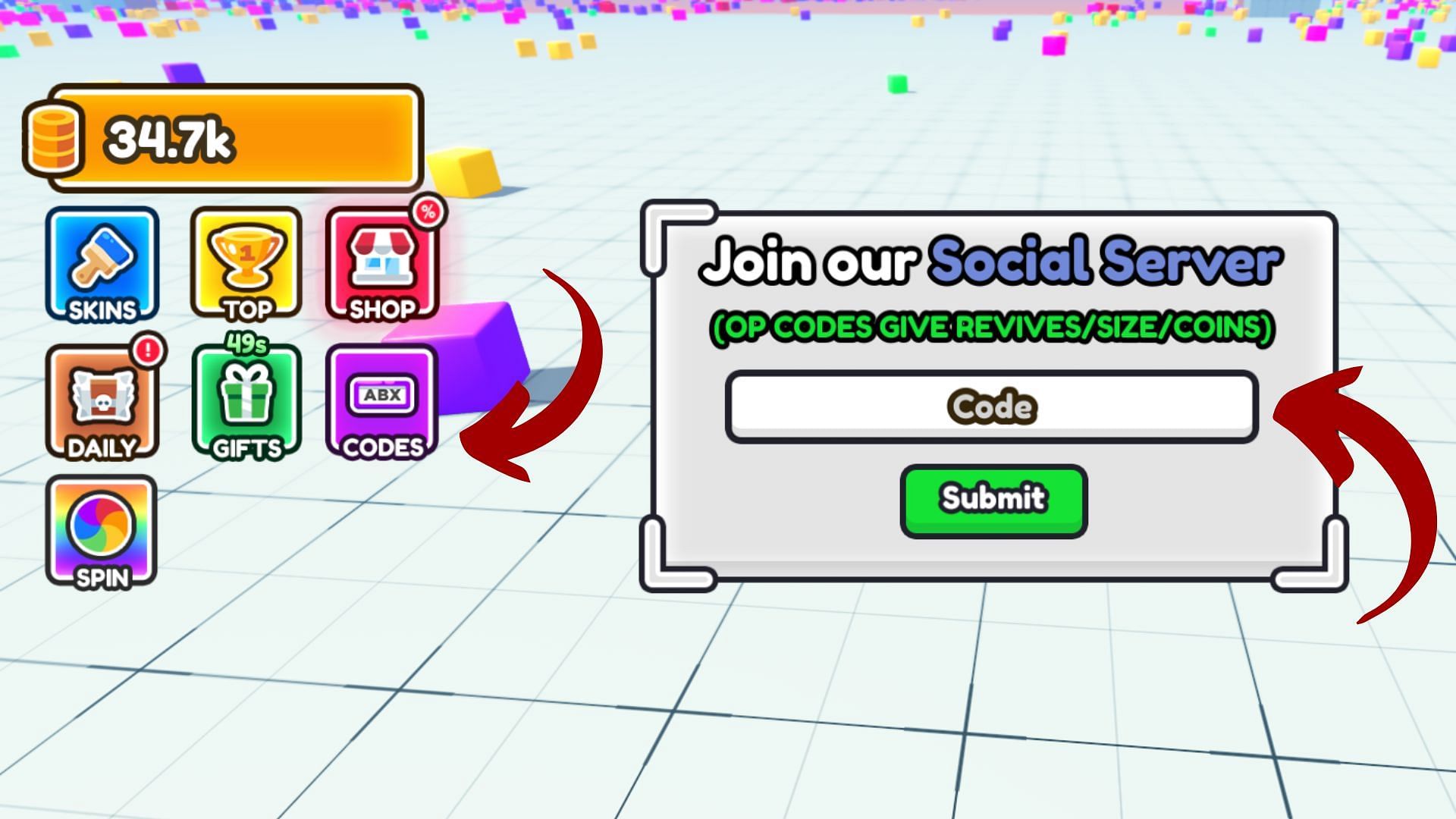 Redeem codes in Block Eating Simulator (Image via Roblox || Sportskeeda)