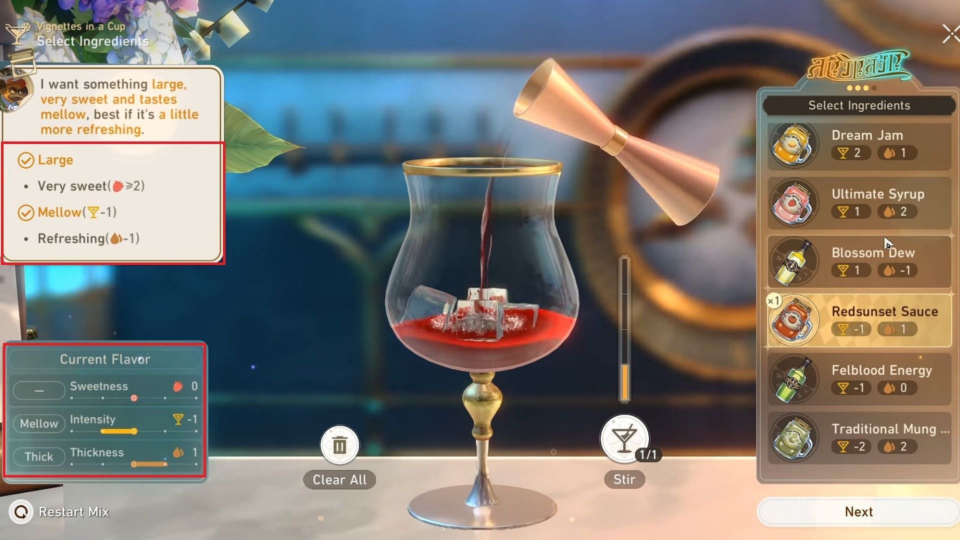 The flavor profile of the current drink and the order requirements are shown on the left side (Image via HoYoverse)