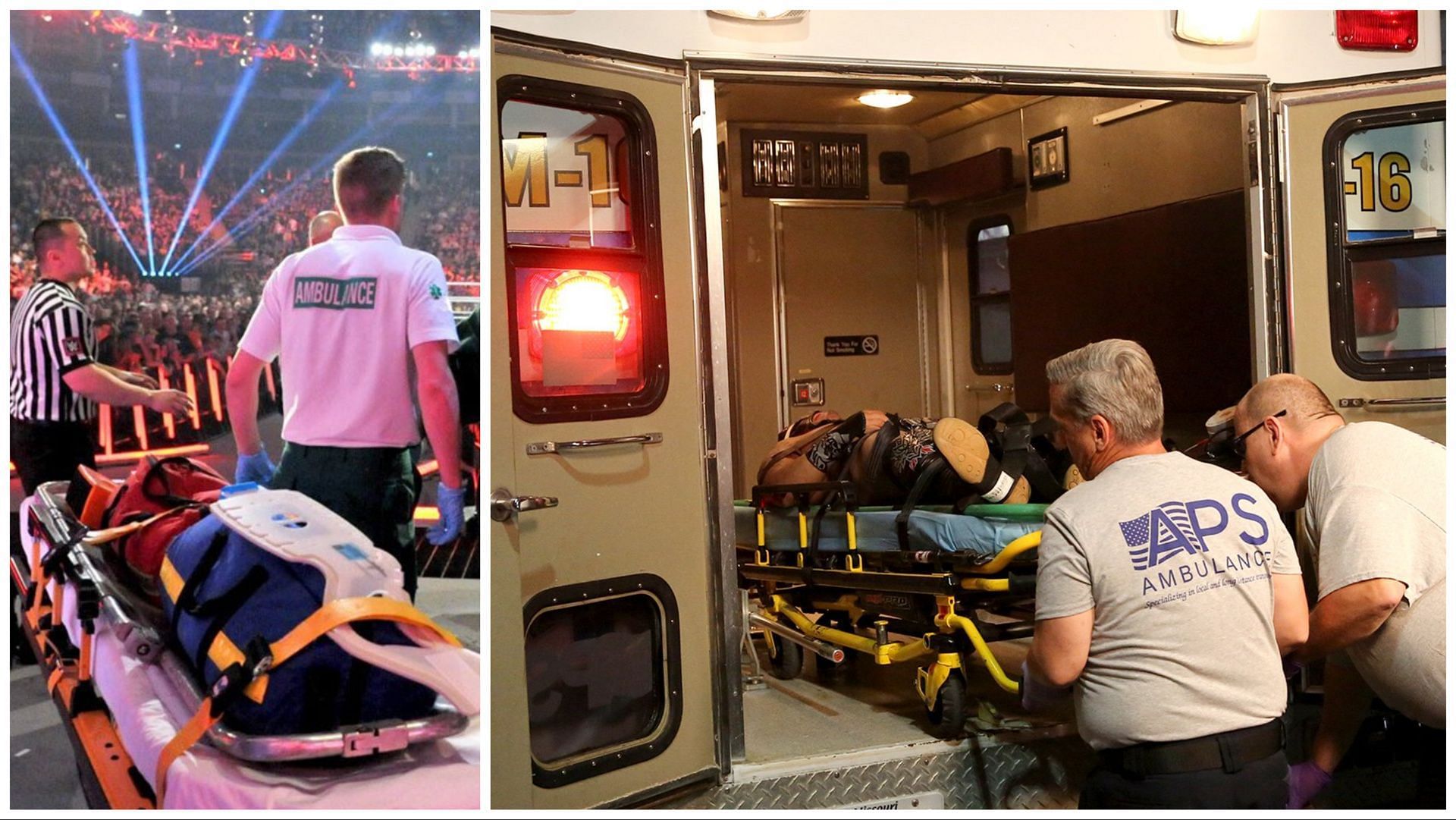 WWE Superstar loaded into an ambulance at RAW, Medics wheel a stretcher to the RAW ring