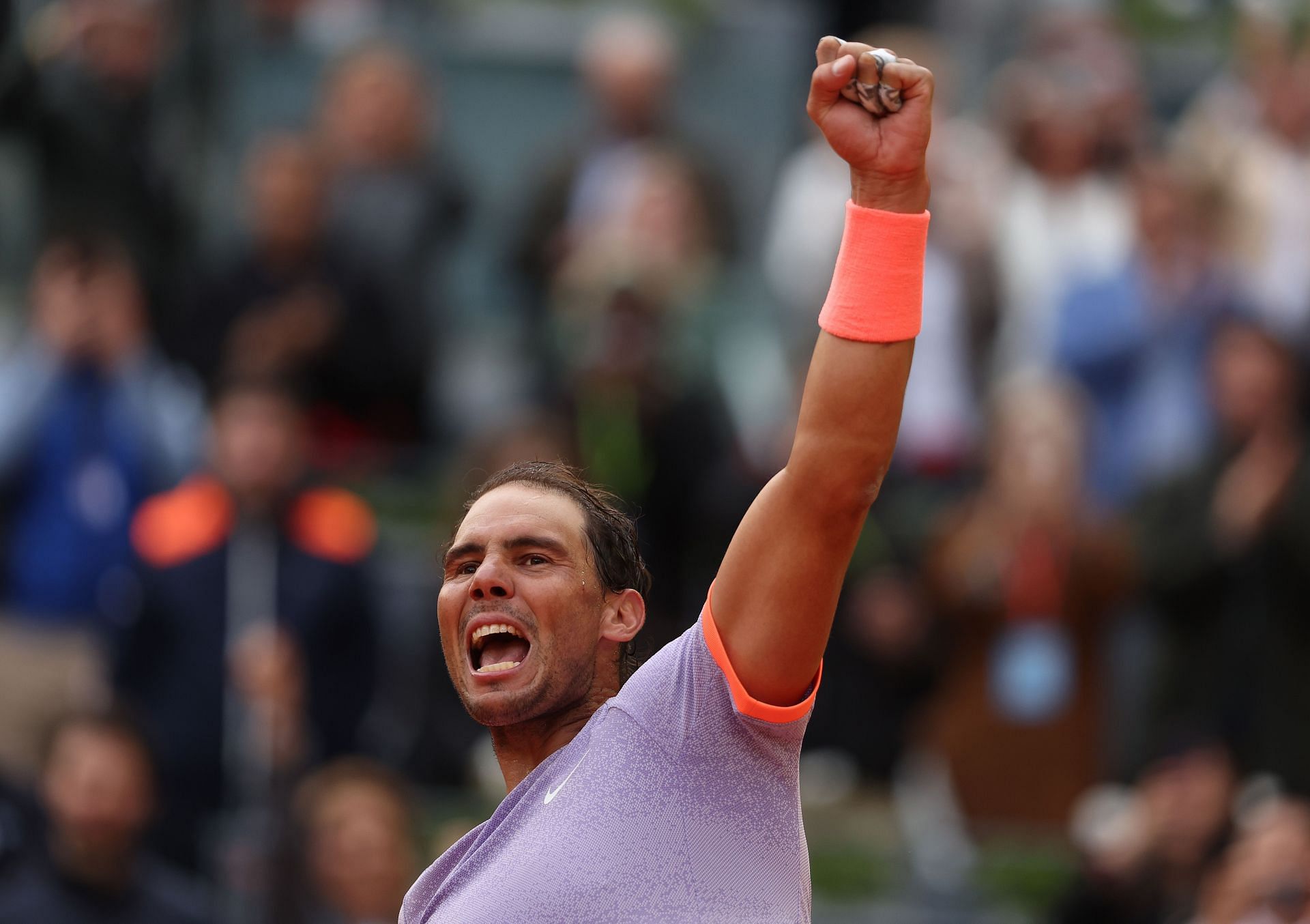 Rafael Nadal celebrates after defeating Pedro Cachin in the pair&#039;s third-round encounter at the Madrid Open