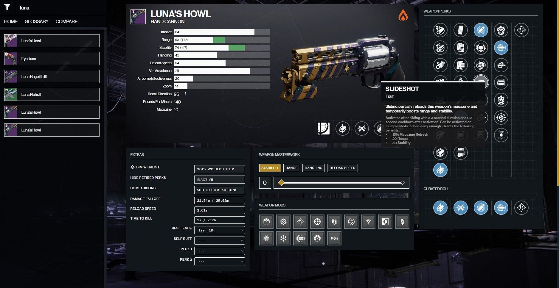 Luna&#039;s Howl PvP god roll (Image via D2Gunsmith)