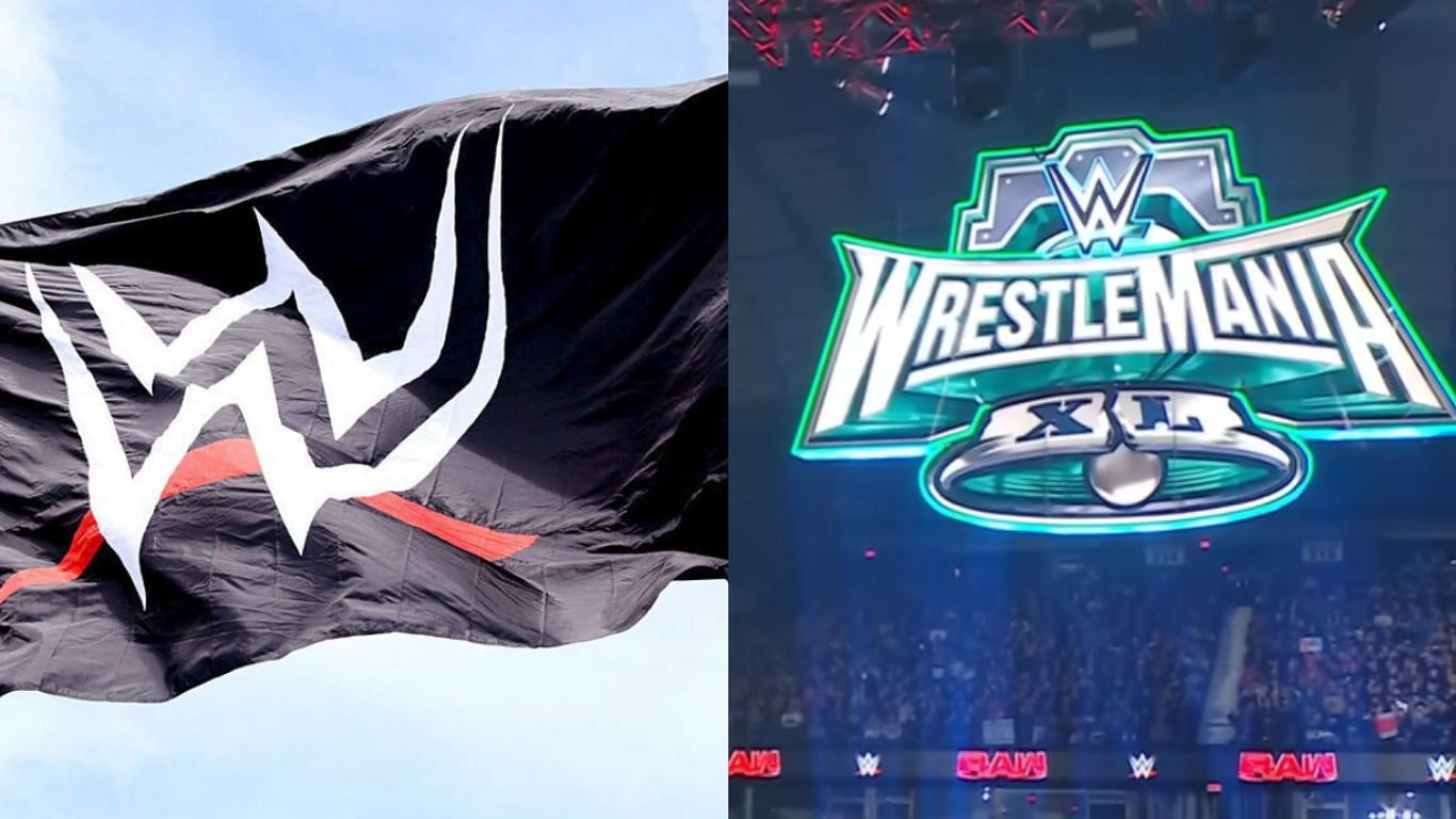 WWE flag (left), WrestleMania logo (right)