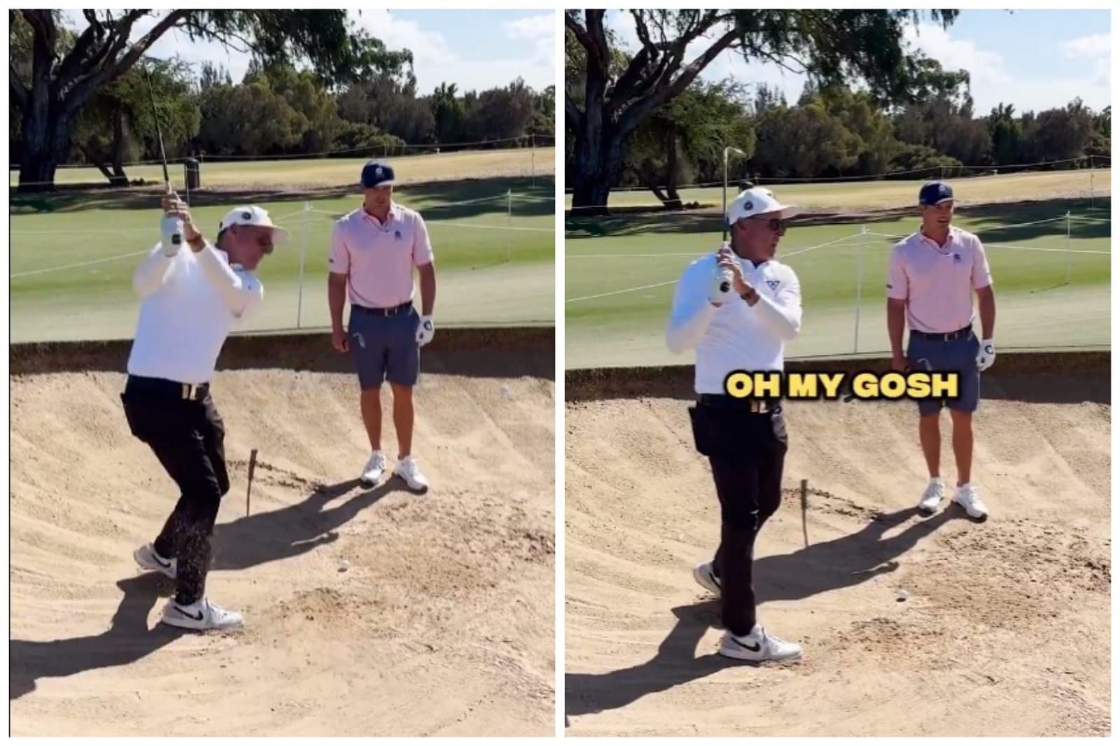 Phil Mickelson gives a bunker tutorial to Bryson DeChambeau