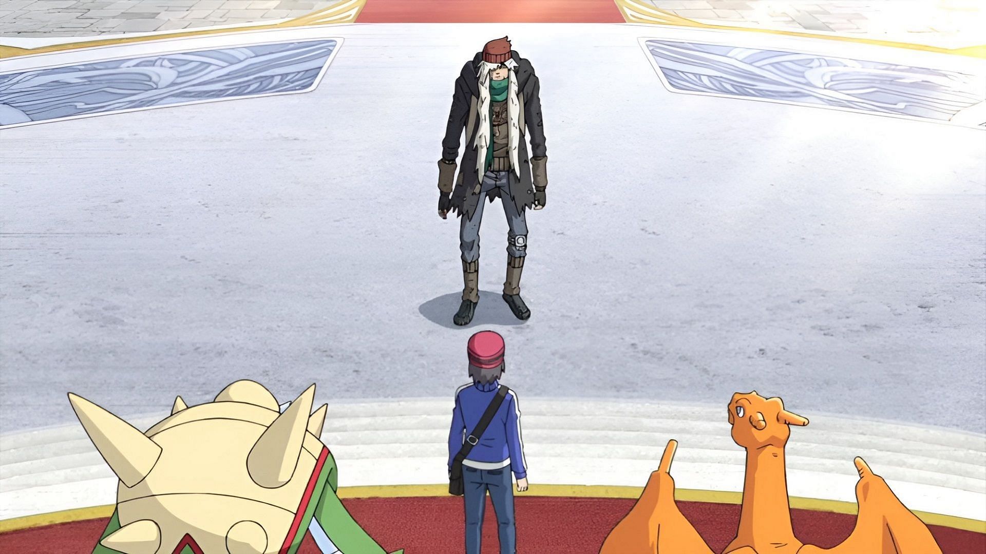 Calem faces off against AZ in the Evolutions anime (Image via The Pokemon Company)