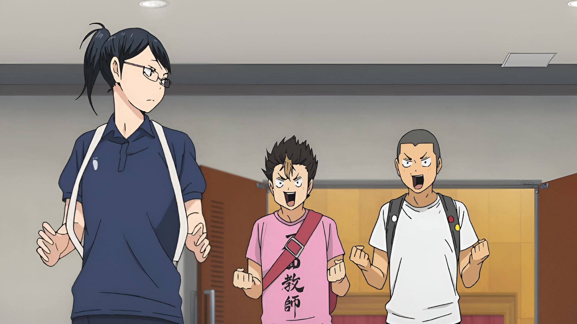 Shimizu, Nishinoya, and Tanaka as seen in the anime (Image via Production I.G)