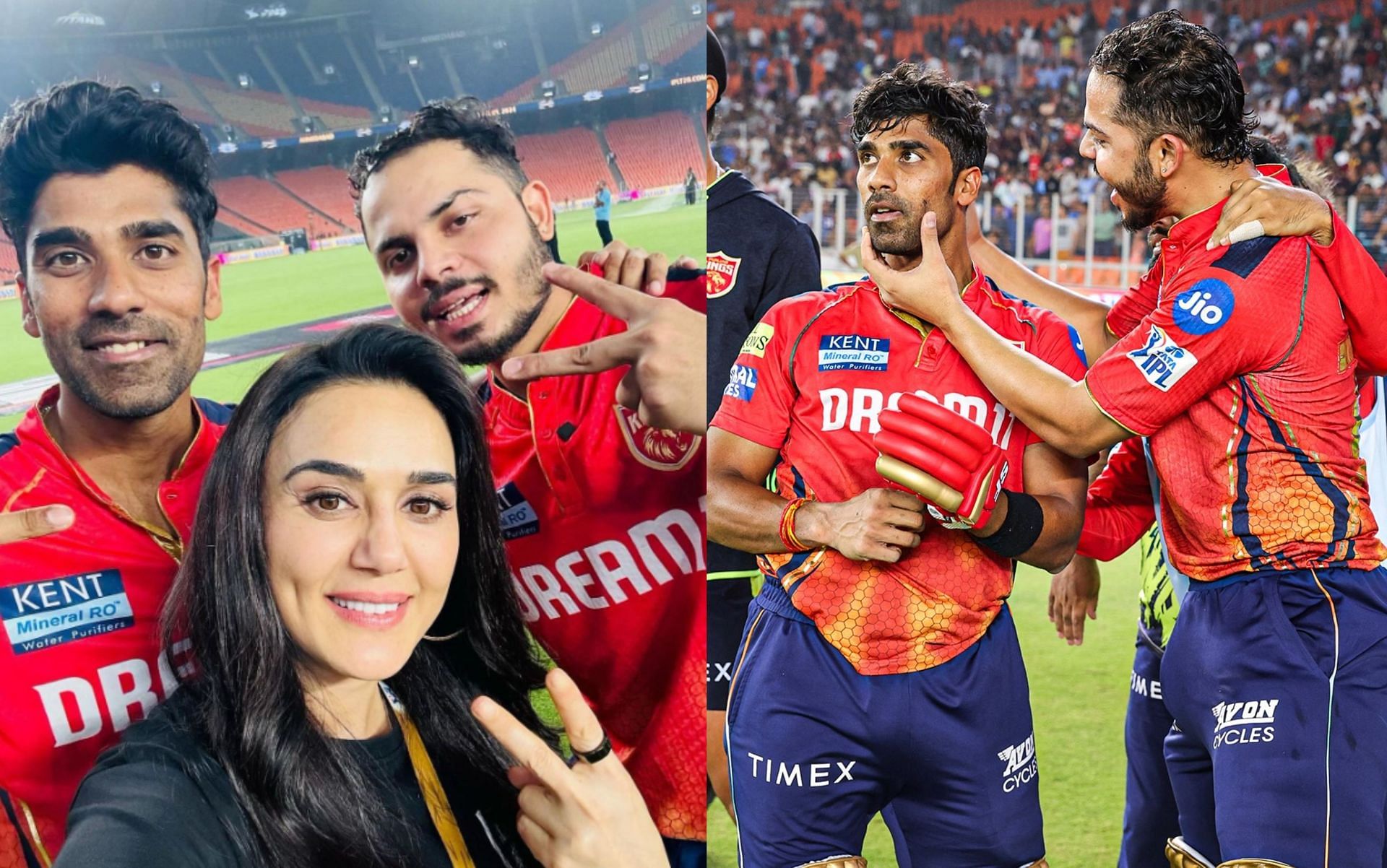 Preity Zinta posing for a selfie with Shashank Singh and Ashutosh Sharma.