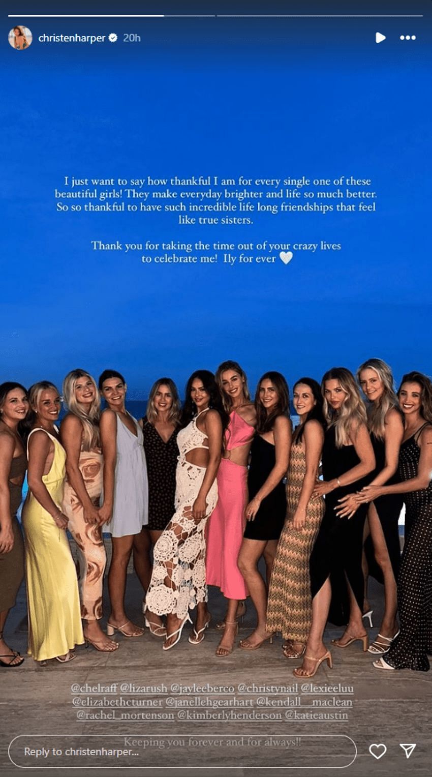 Christen Harper wrote a thank-you note for everyone present at her bachelorette celebration in Cabo San Lucas, Mexico.