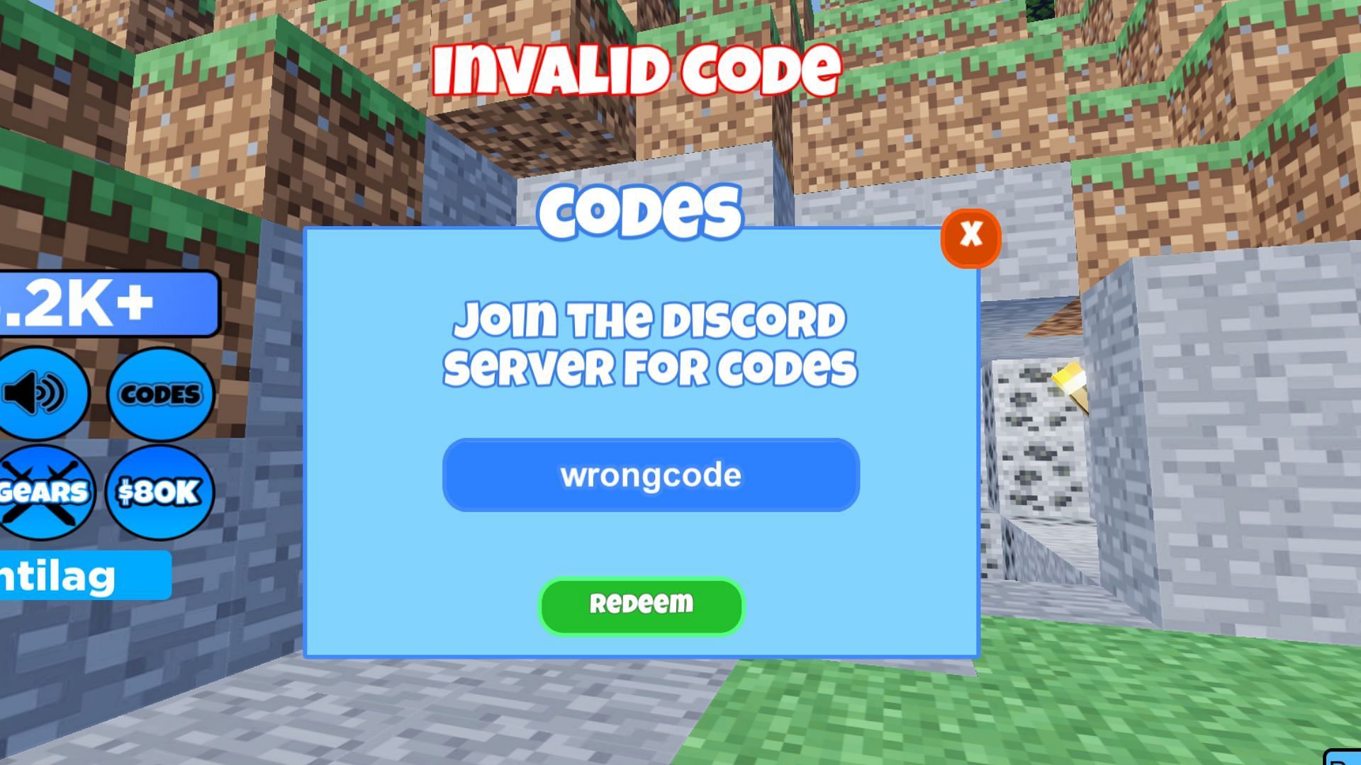 INVALID CODE error message in 2 Player Minecraft Tycoon (Image via Roblox||Sportskeeda)