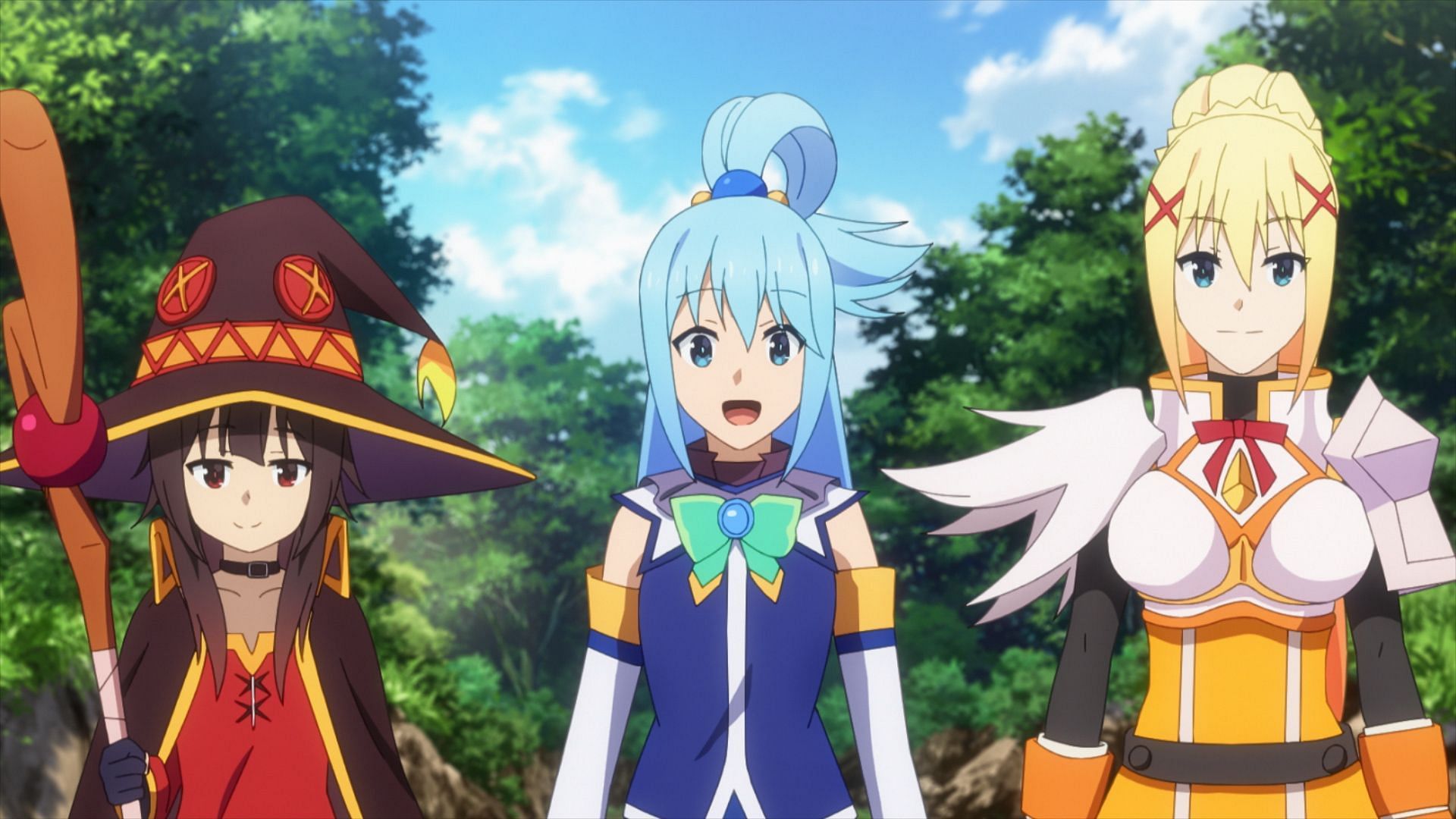 Megumin, Aqua, and Darkness as seen in the anime series (Image via Drive and Studio Deen)