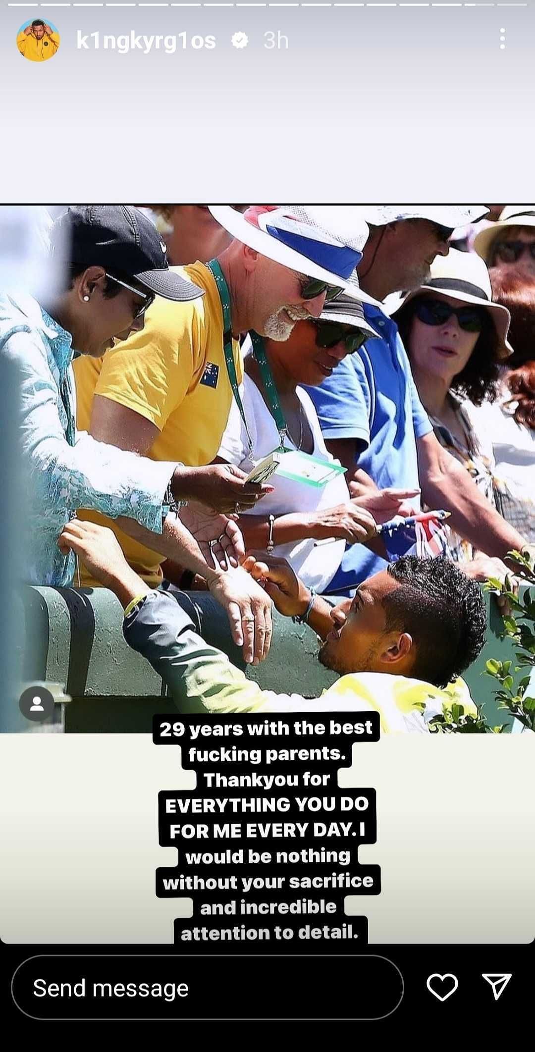 A screenshot of Kyrgios&#039; Instagram story.