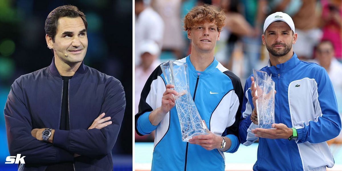 Roger Federer (L), Jannik Sinner and Grigor Dimitrov (R)