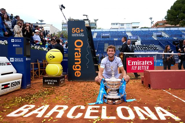 Casper Ruud with the 2024 Barcelona Open men&#039;s singles trophy.