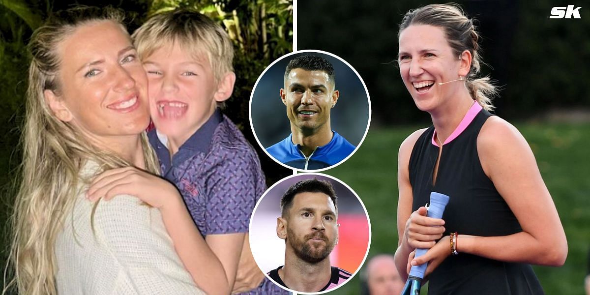 Victoria Azarenka with son Leo (L); Cristiano Ronaldo (top inset); Lionel Messi (bottom inset)