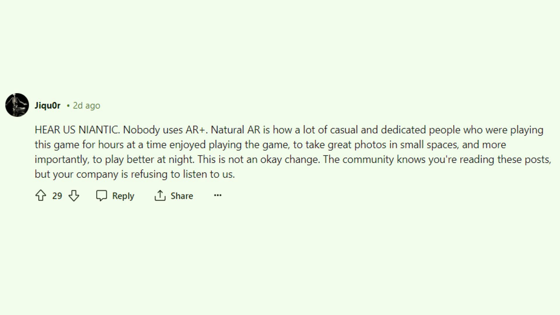 Redditor responds to recent AR+ update (Image via Reddit)