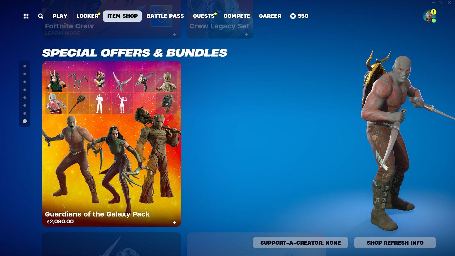 Drax, Young Adult Groot, and Mantis Skins are currently listed in the Item Shop (Image via Epic Games)