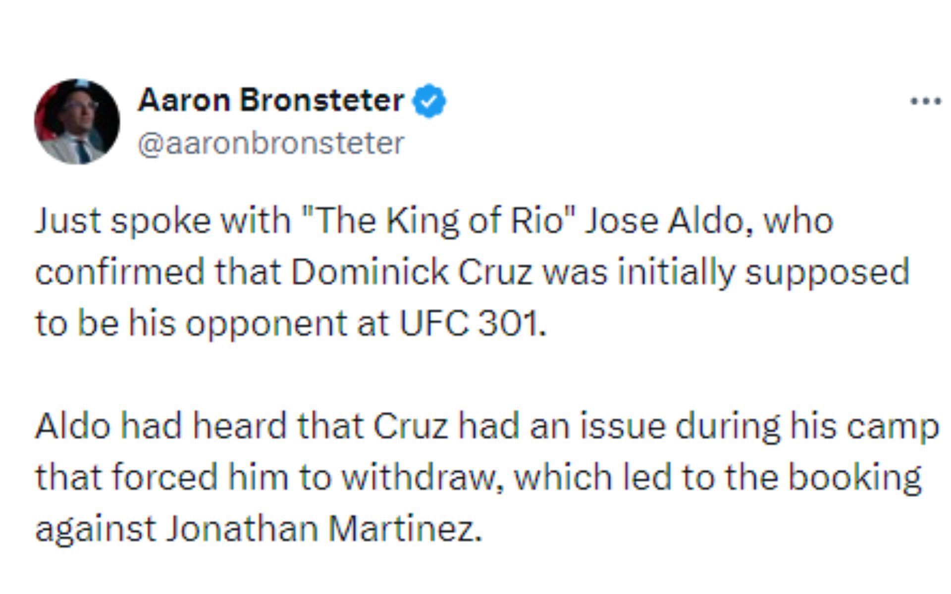 Bronsteter&#039;s tweet regarding Cruz vs. Aldo being in the works [Image courtesy: @aaronbronsteter - X]