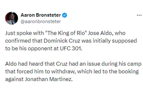 Bronsteter's tweet regarding Cruz vs. Aldo being in the works [Image courtesy: @aaronbronsteter - X]