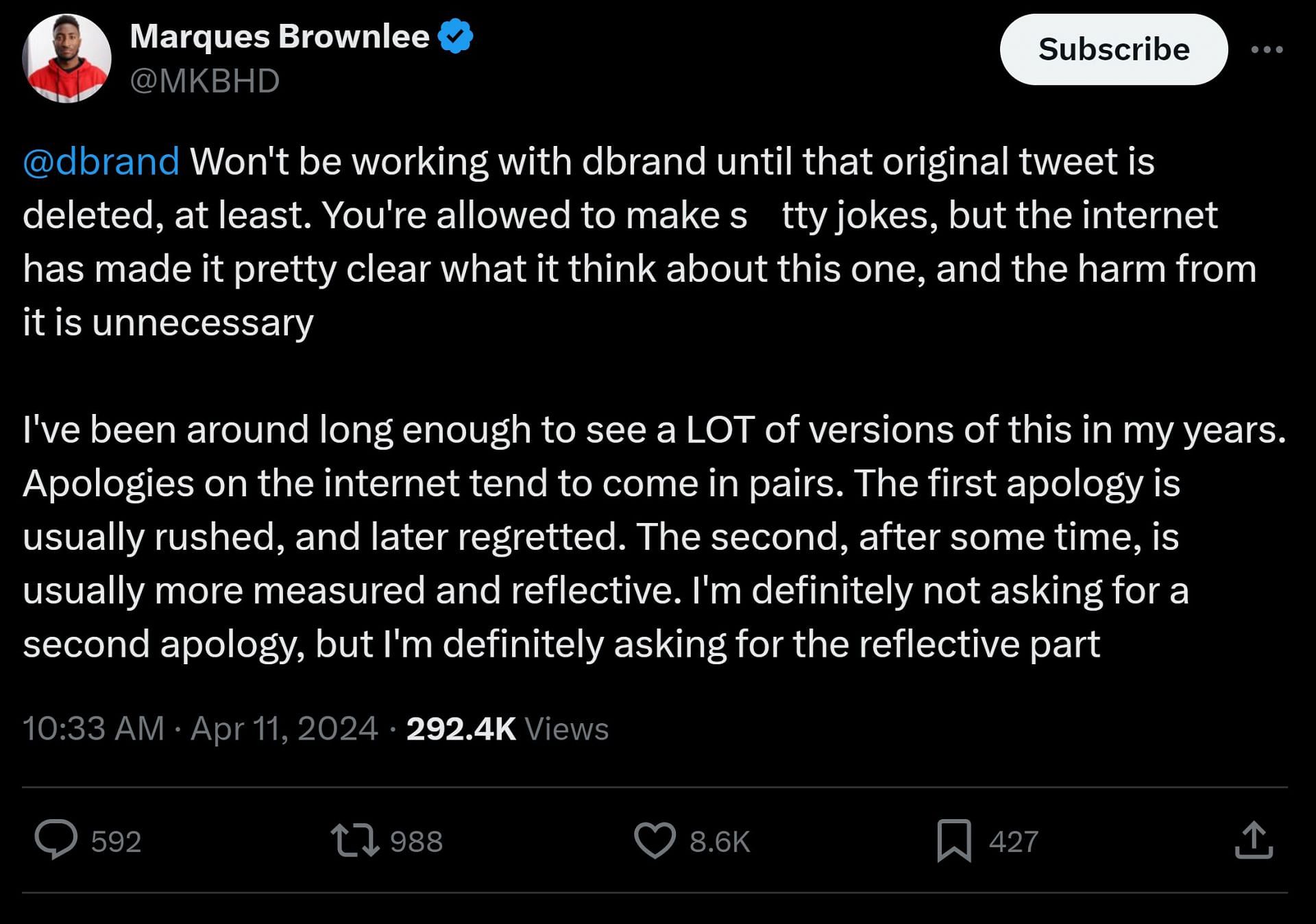 YouTuber Marques Brownlee&#039;s response to the controversy (Image via X)
