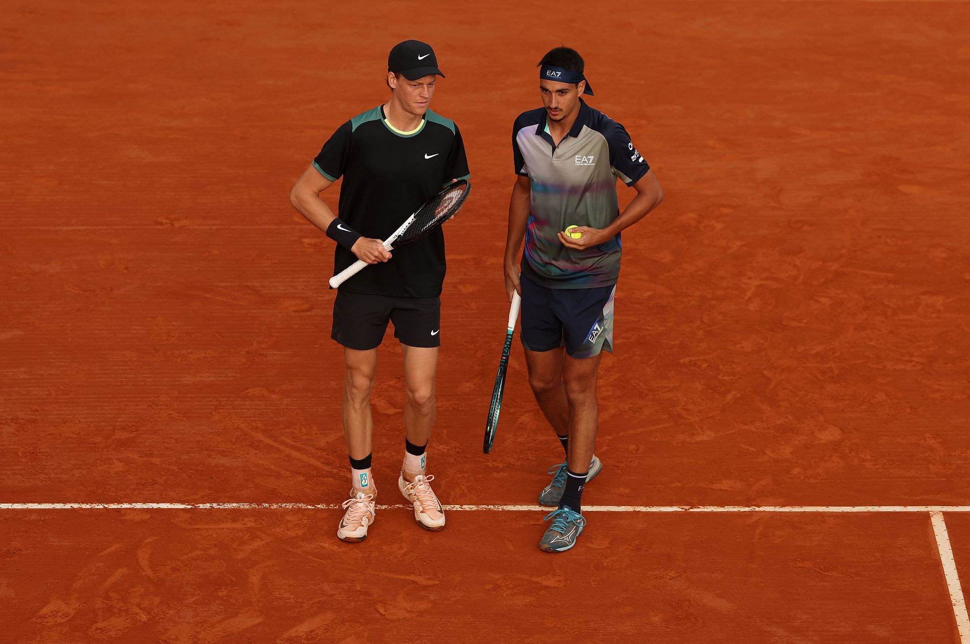 Lorenzo Sonego and Jannik Sinner in doubles action at the 2024 Rolex Monte-Carlo Masters
