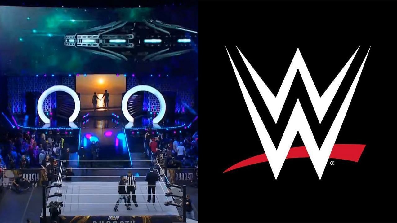 AEW Dynasty arena (left) and WWE logo (right)