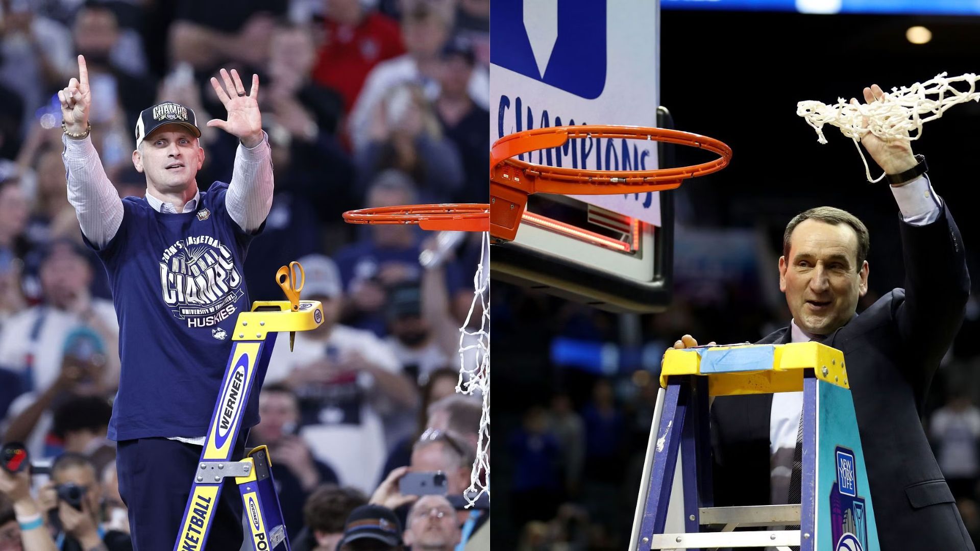 UConn head coach Dan Hurley (left) and former Duke head coach Mike Krzyzewski (right)