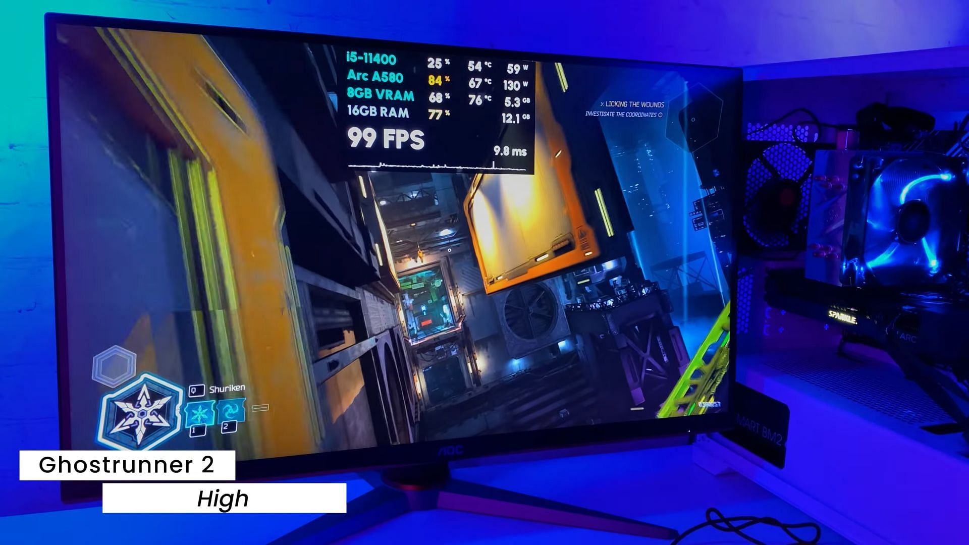 Intel Arc AA580 running Ghost Runner 2 (Image via Tech Closet/YouTube)
