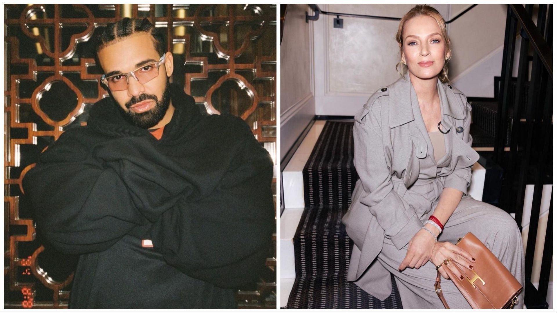 Drake and Uma Thurman, (Images via @champagnepapi and @umathurman/Instagram)