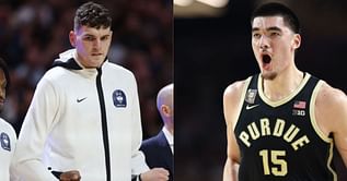 WATCH: UConn star Donovan Clingan hypes up crowd amid six-point first-half lead against Zach Edey's Purdue in 2024 national title thriller
