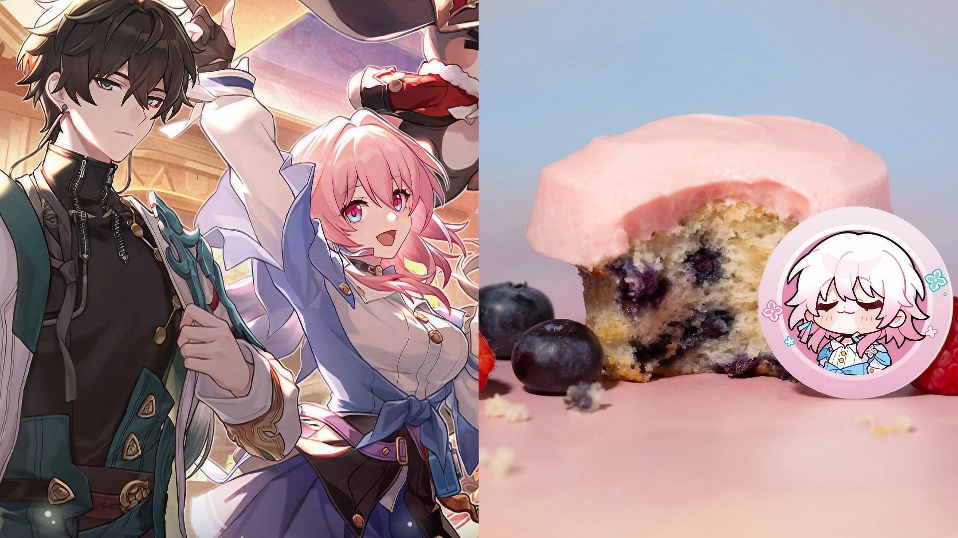 A collage of Honkai Star Rail artwork and March 7th themed cupcake from Sprinkles
