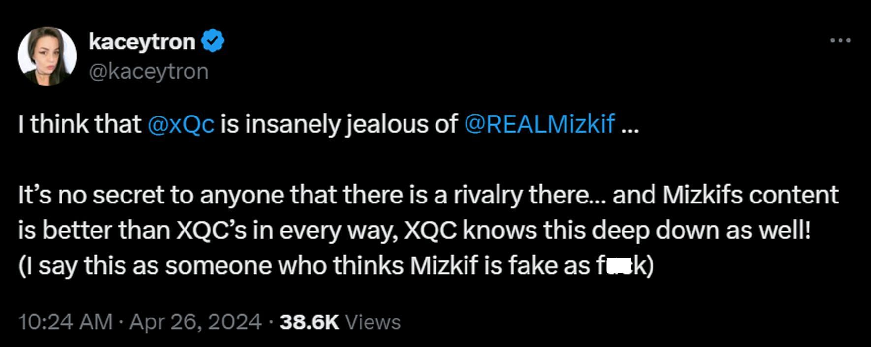 Kaceytron claims that xQc is jealous of Mizkif (Image via X)