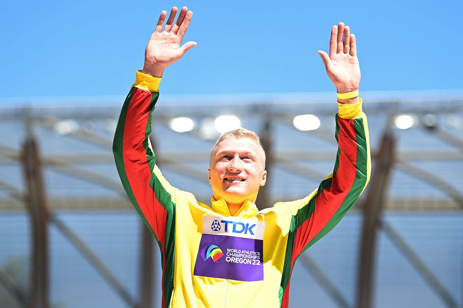 Silver Medalist Mykolas Alekna of Team Lithuania poses during the medal ceremony for the Men&#039;s Discus Final on day six of the World Athletics Championships Oregon22 at Hayward Field on July 20, 2022 in Eugene, Oregon. (Photo by Hannah Peters/Getty Images for World Athletics)
