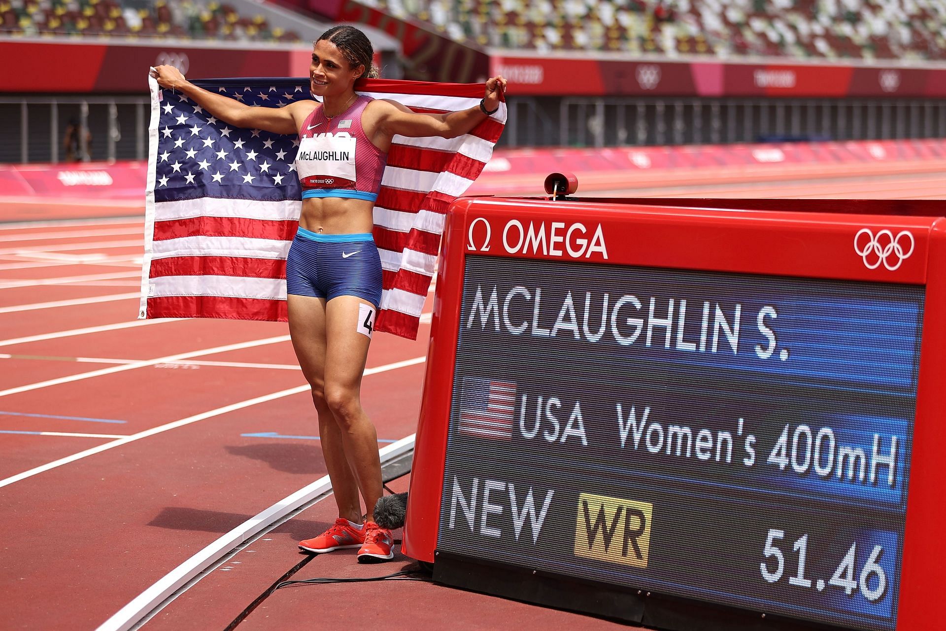 Sydney McLaughlin celebrates after competing in the Women&#039;s 400m Hurdles Final at the 2020 Tokyo Olympic Games in Tokyo, Japan.