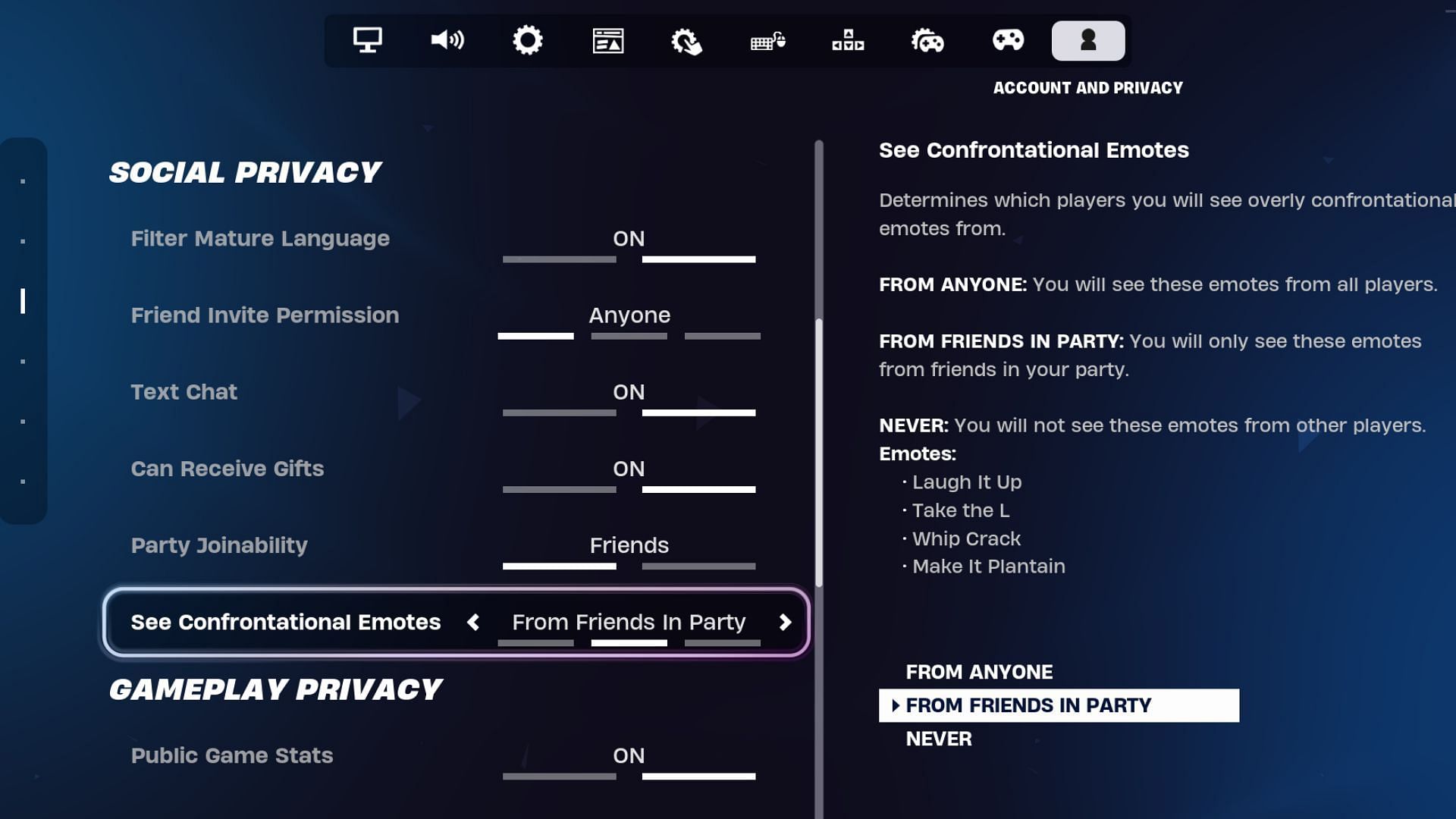 You can find the See Confrontational Setting in the Social Privacy section (Image via Epic Games)