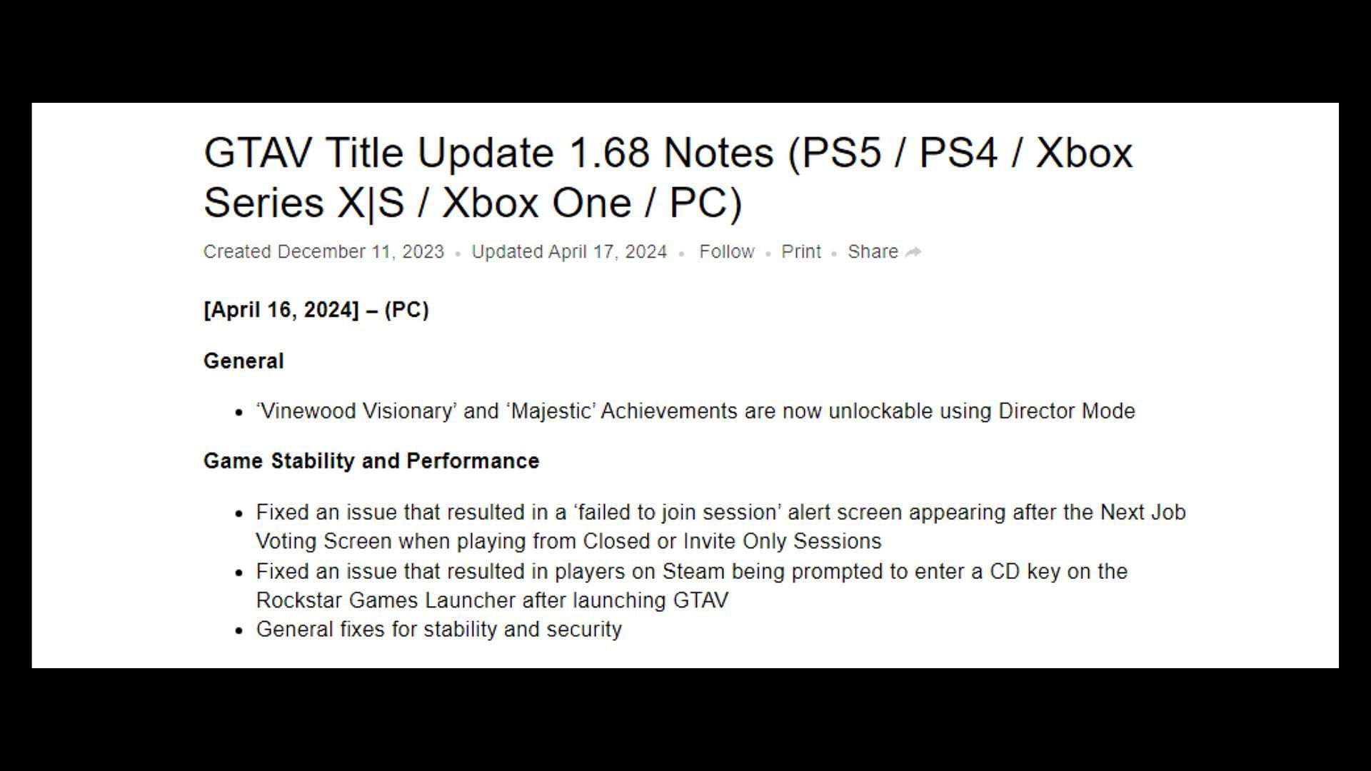 All patch notes concerning the latest GTA 5 PC update (Image via Rockstar Games)