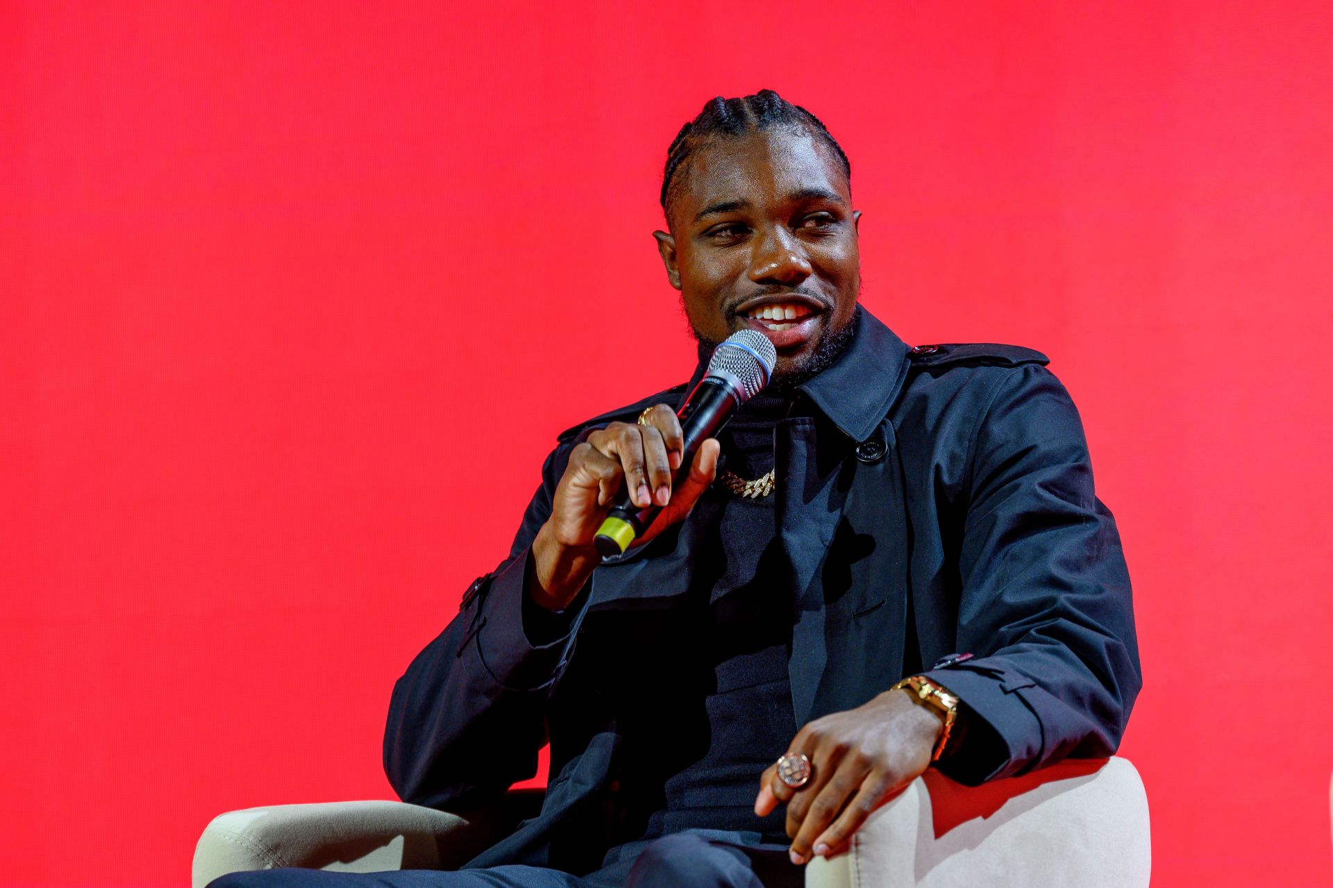 OMEGA Panel Discussion With Olympic Ambassadors Allyson Felix, Noah Lyles, Oksana Masters, and Nathan Chen At The Planet Omega Exhibition Launch