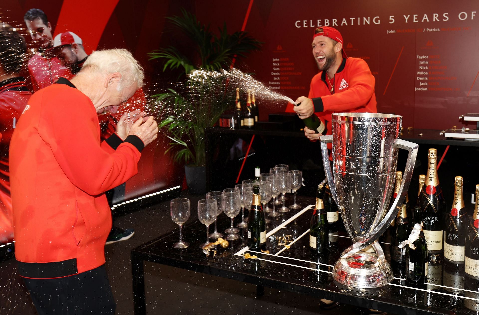 Jack Sock celebrated Team World&#039;s victory at the 2022 Laver Cup with John McEnroe.